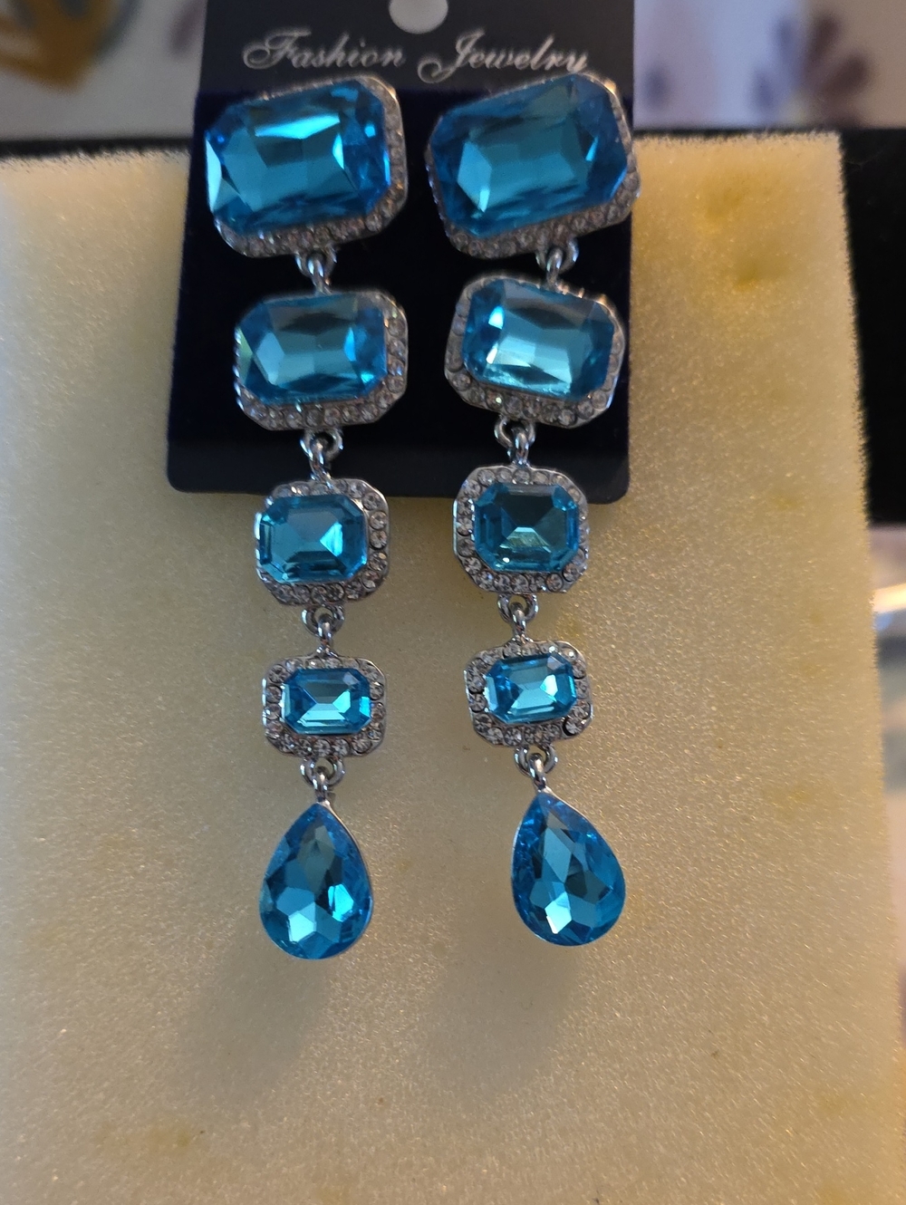long blue crystal rhinestone dangle earrings
